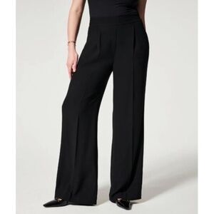 New SPANX Black Carefree Crepe Pleated Wide Leg Trousers Pants S